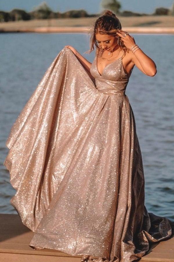 Sleek Glitter Sparking Brush Train Dresses Spaghetti Straps Evening Dress Sleeveless Prom with Pockets