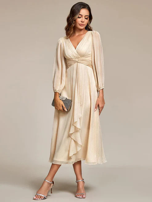 See-Through Long Sleeve Twist Knot A-Line Lotus Leaf Shimmering Evening Dress/Prom Dresses Party Dresses
