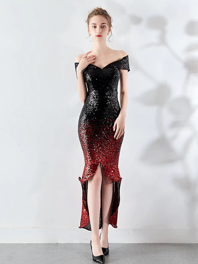 Sexy Wedding Guest Cocktail Party Prom Dress Off Shoulder Sleeveless Asymmetrical Sequined with Sequin