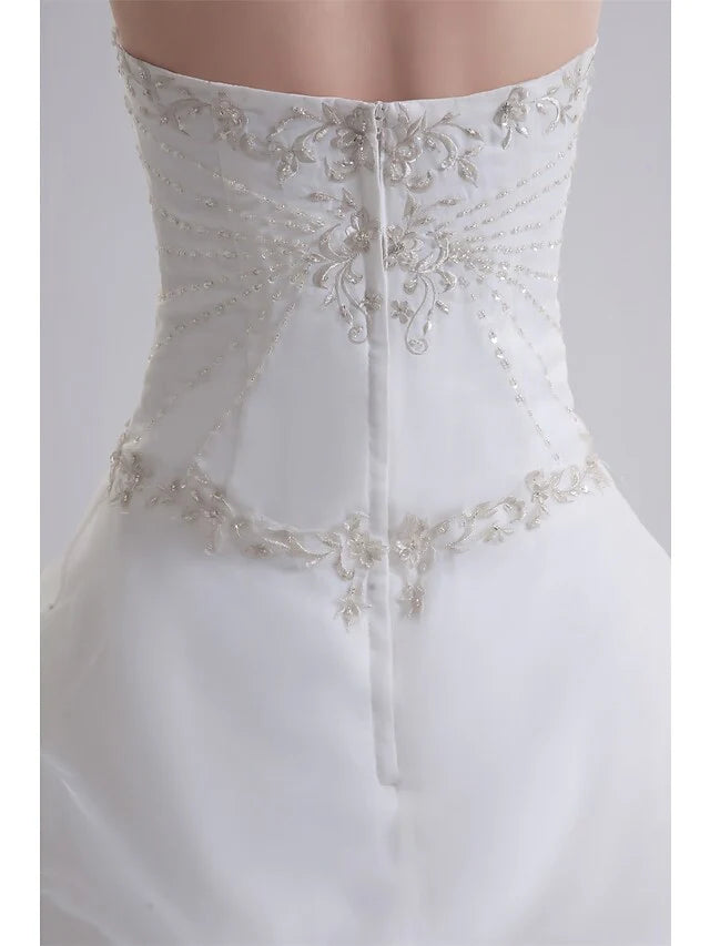 A-Line Wedding Dresses Strapless Court Train Organza Satin Strapless with Pick Up Skirt Ruched Beading Embroidery