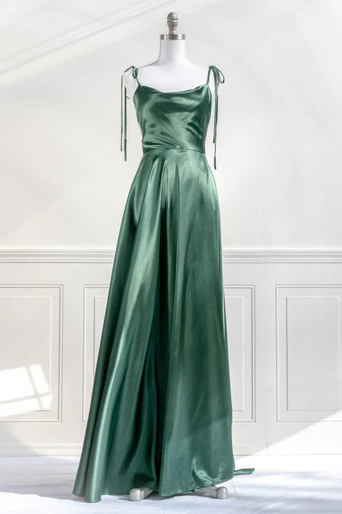 Green Straps Satin A-Line Long Party Dress Bridesmaid Dress Simple Formal Dress