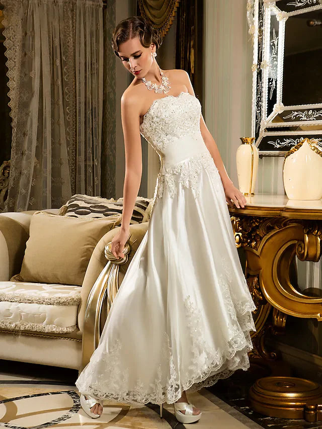 A-Line Wedding Dresses Strapless Asymmetrical Beaded Lace Strapless Vintage Illusion Detail with Appliques ButtonA-Line Wedding Dresses Strapless Asymmetrical Beaded Lace Strapless Vintage Illusion Detail with Appliques Button