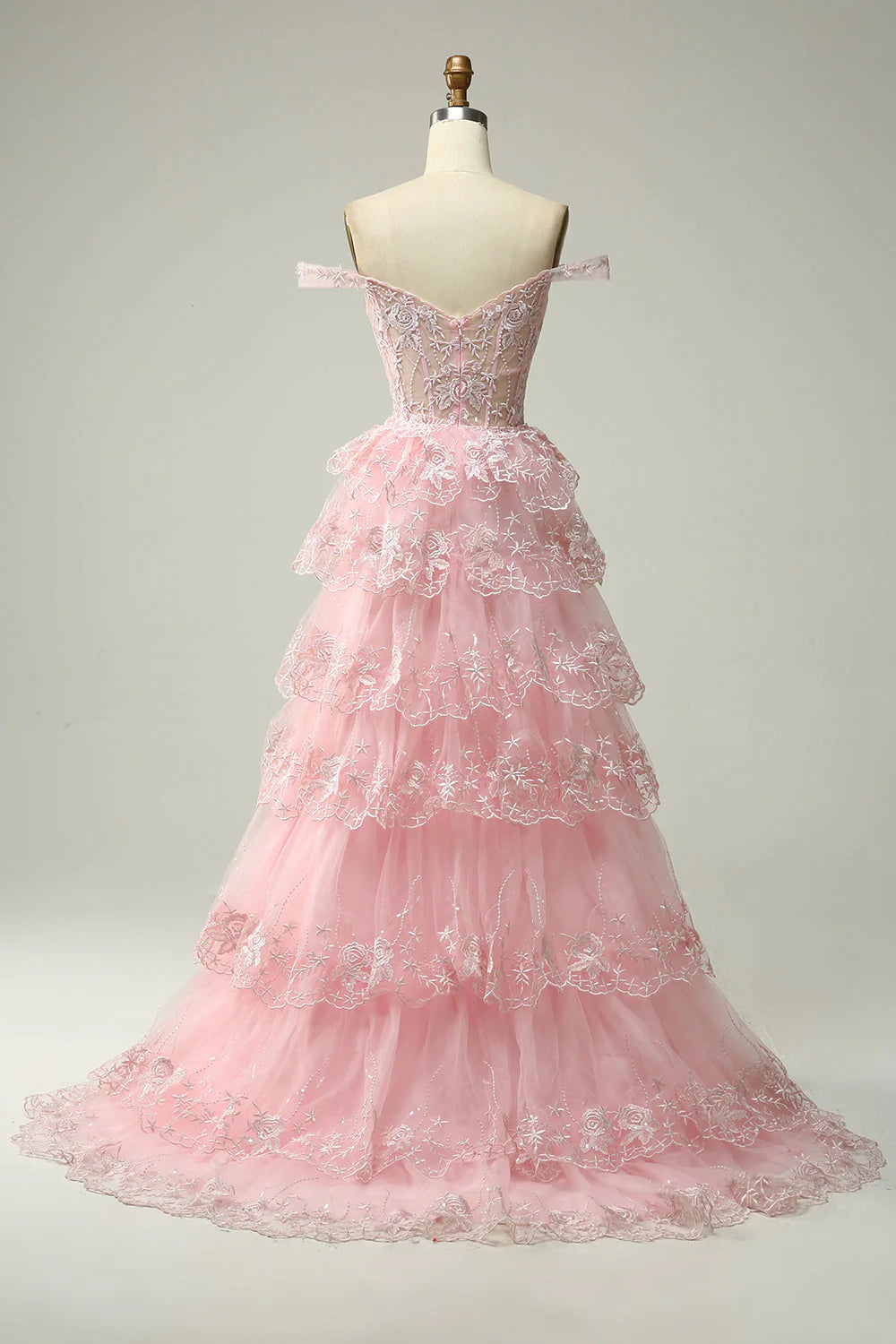 A Line Lace Layers Off the Shoulder Blue Gold Long Prom Dress with Appliques Beautiful