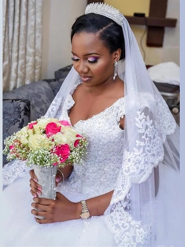 Ball Gown Wedding Dresses V Neck Cathedral Train Lace Tulle Lace Over Satin Beautiful Back Plus Size Wedding Dress with Appliques