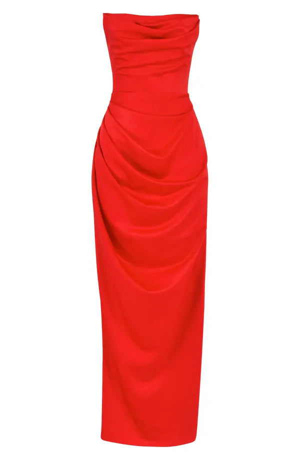 Elegant satin strapless sleeveless off shoulder and floor length off back prom dress Evening Dress