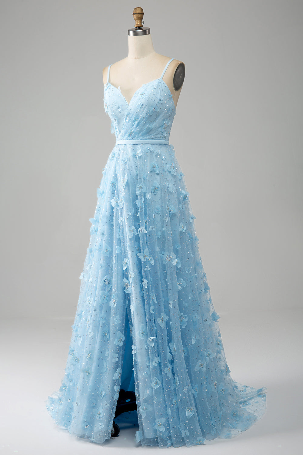 Sky Blue A Line Spaghetti Straps Sparkly Beaded Prom Dress with 3D Butterflies Beautiful
