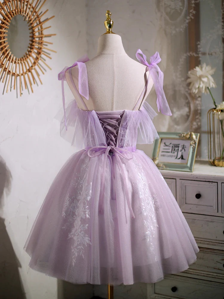 A-Line/Princess Sleeveless Straps Tulle Applique Short Homecoming Dress with Ribbon
