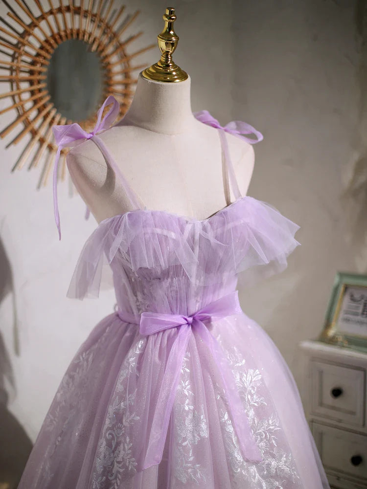 A-Line/Princess Sleeveless Straps Tulle Applique Short Homecoming Dress with Ribbon