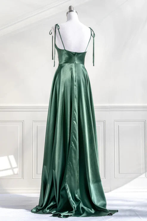 Green Straps Satin A-Line Long Party Dress Bridesmaid Dress Simple Formal Dress