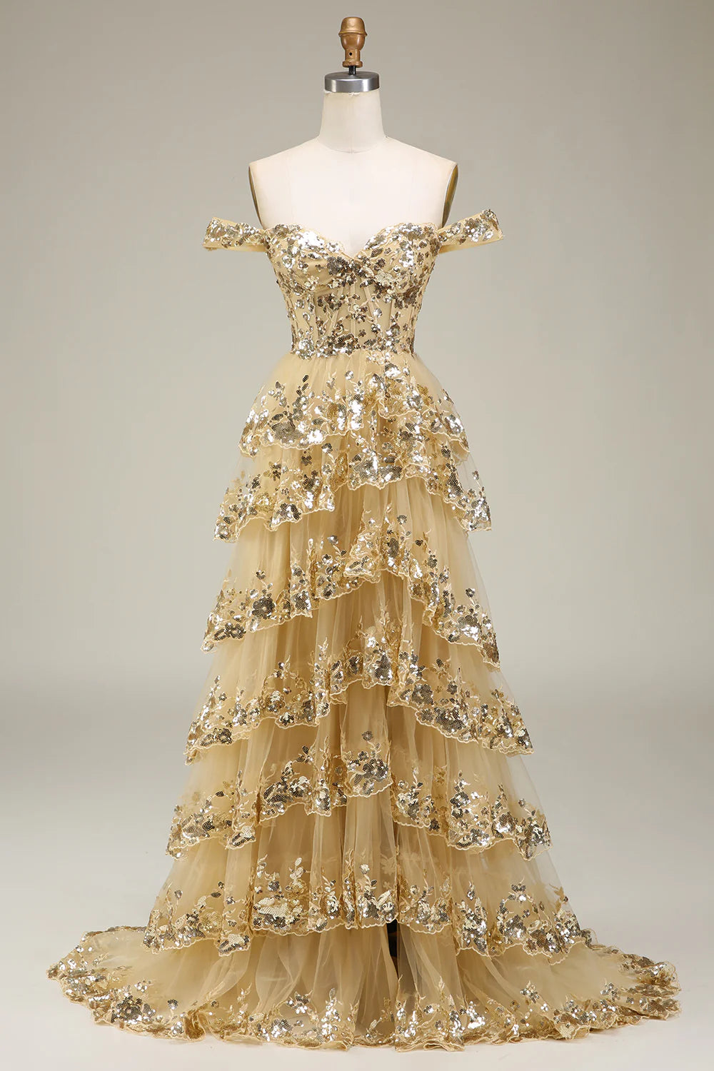 A Line Lace Layers Off the Shoulder Blue Gold Long Prom Dress with Appliques Beautiful