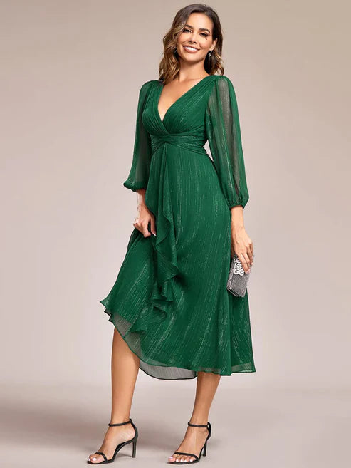See-Through Long Sleeve Twist Knot A-Line Lotus Leaf Shimmering Evening Dress/Prom Dresses Party Dresses