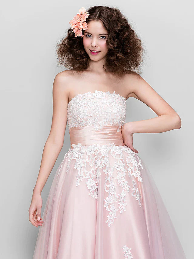 Ball Gown Wedding Guest Prom Dress Strapless Sleeveless Ankle Length Tulle Stretch Satin with Appliques