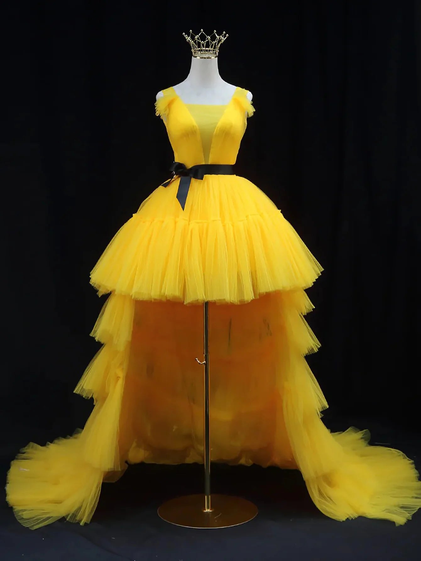 High Low Tulle Sleeveless Prom Dress With Sash Ribbons