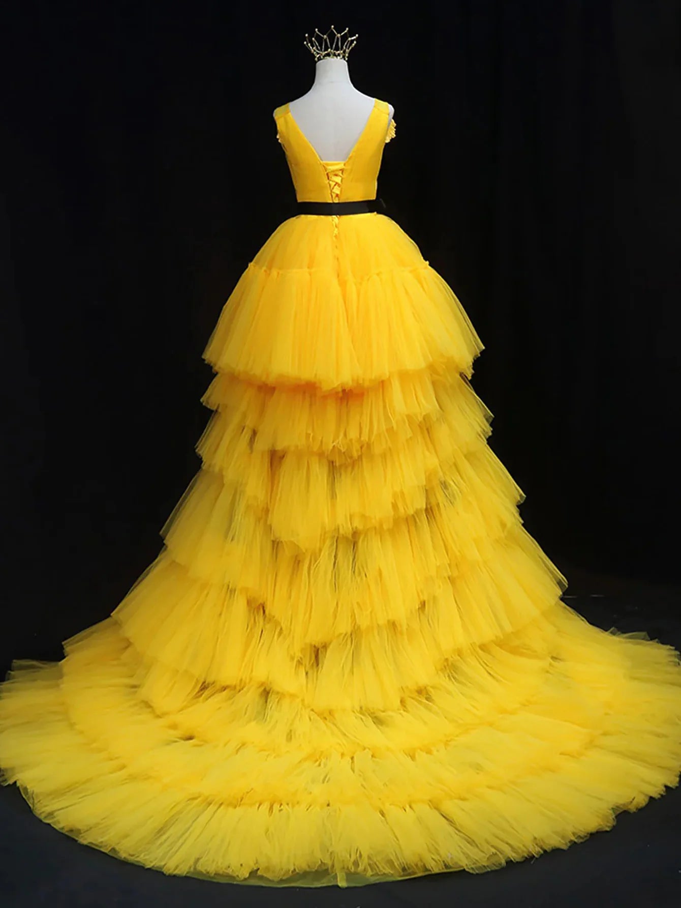 High Low Tulle Sleeveless Prom Dress With Sash Ribbons