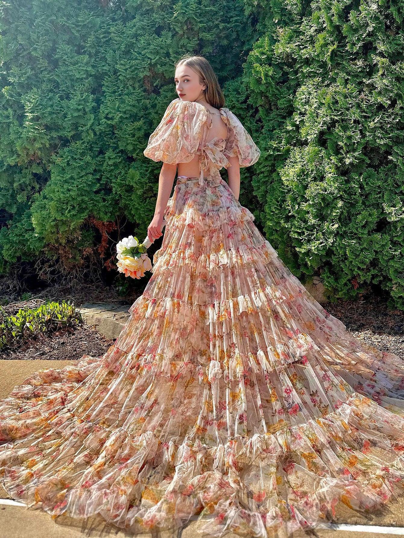 A Line 2 Piece Square Neck Flower Long Prom Dress