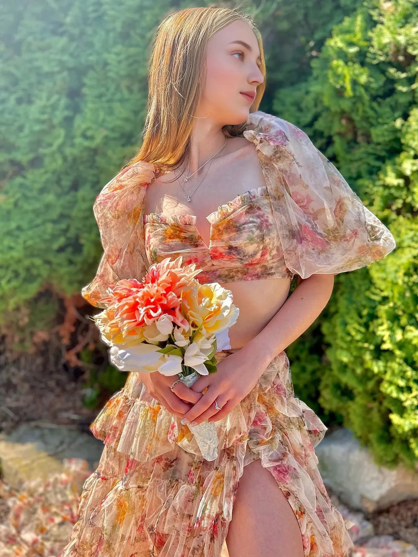 A Line 2 Piece Square Neck Flower Long Prom Dress