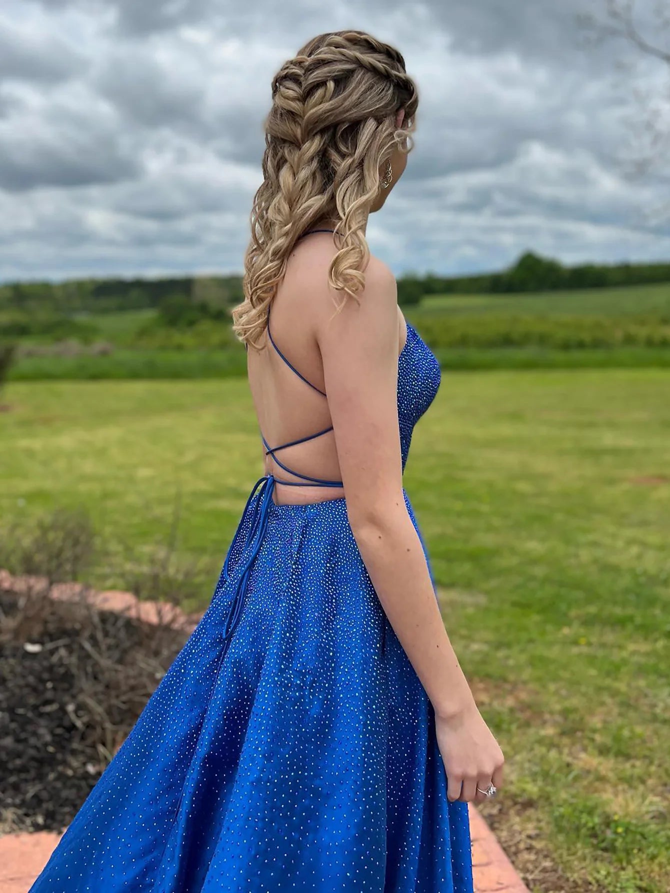 A Line Spaghetti Straps Open Back Prom Dress With Beading