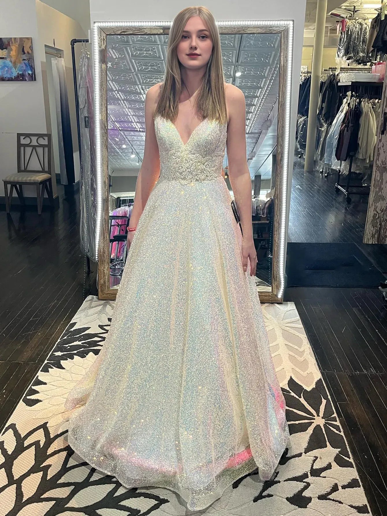 A Line Sparkly Low V Neck Spaghetti Straps Long Prom Dress