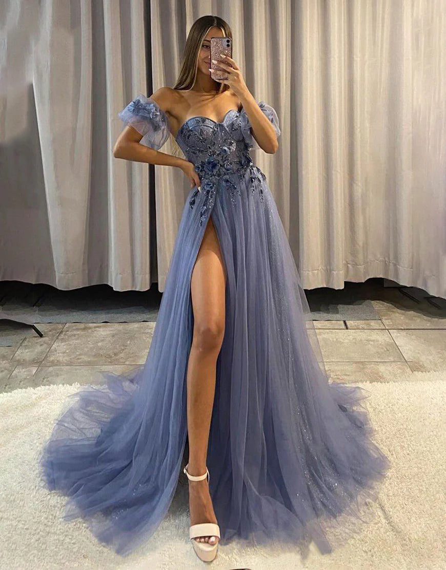 A Line Sweetheart Tulle Long Prom Dress With Split Charming Evening Party Dress