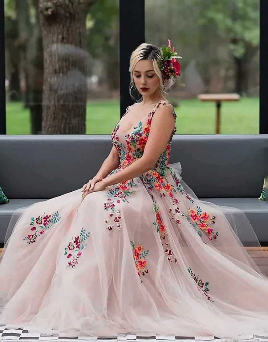 A Line Low V Neck Flower Long Prom Dress