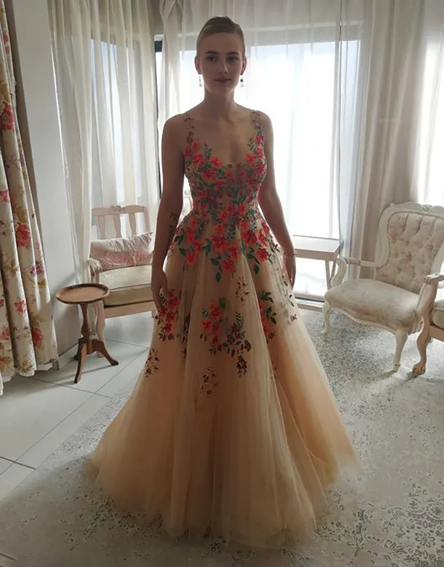 A Line Low V Neck Flower Long Prom Dress