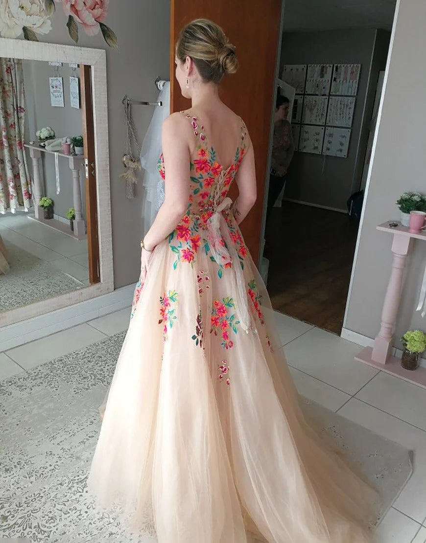 A Line Low V Neck Flower Long Prom Dress