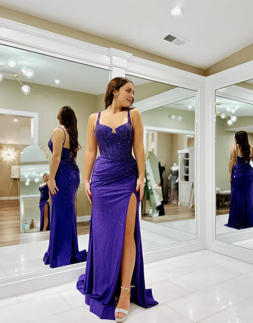 Mermaid Sparkly Corset Long Prom Dress With Slit