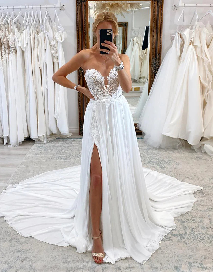 Charming A-Line Low V-Neck Strapless Lace Wedding Dress With Appliques And Slit