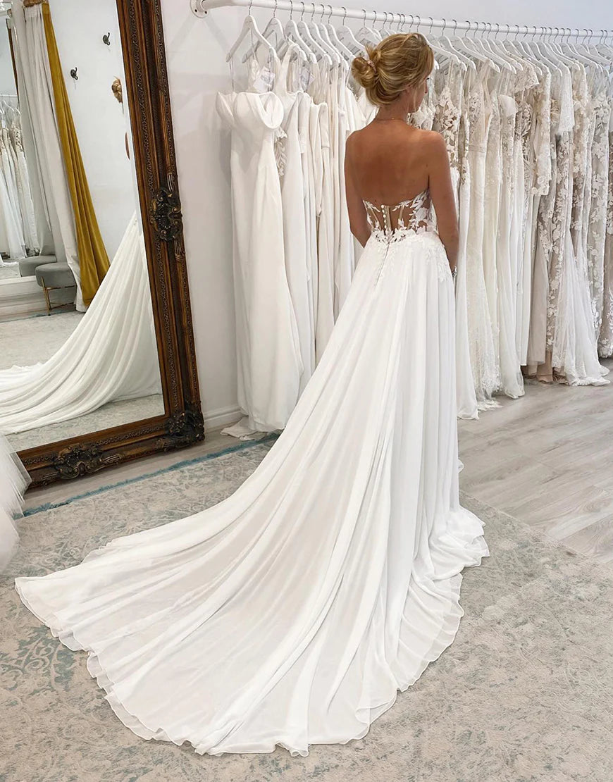 Charming A-Line Low V-Neck Strapless Lace Wedding Dress With Appliques And Slit