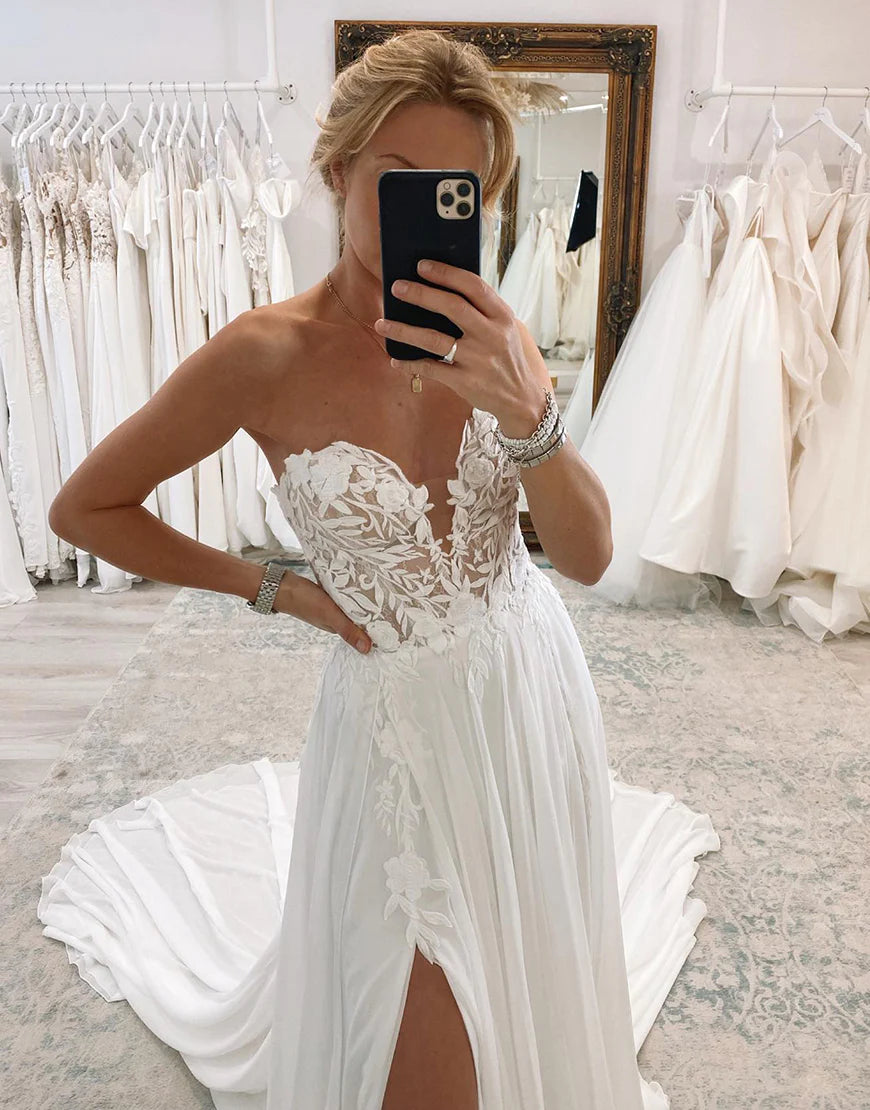 Charming A-Line Low V-Neck Strapless Lace Wedding Dress With Appliques And Slit