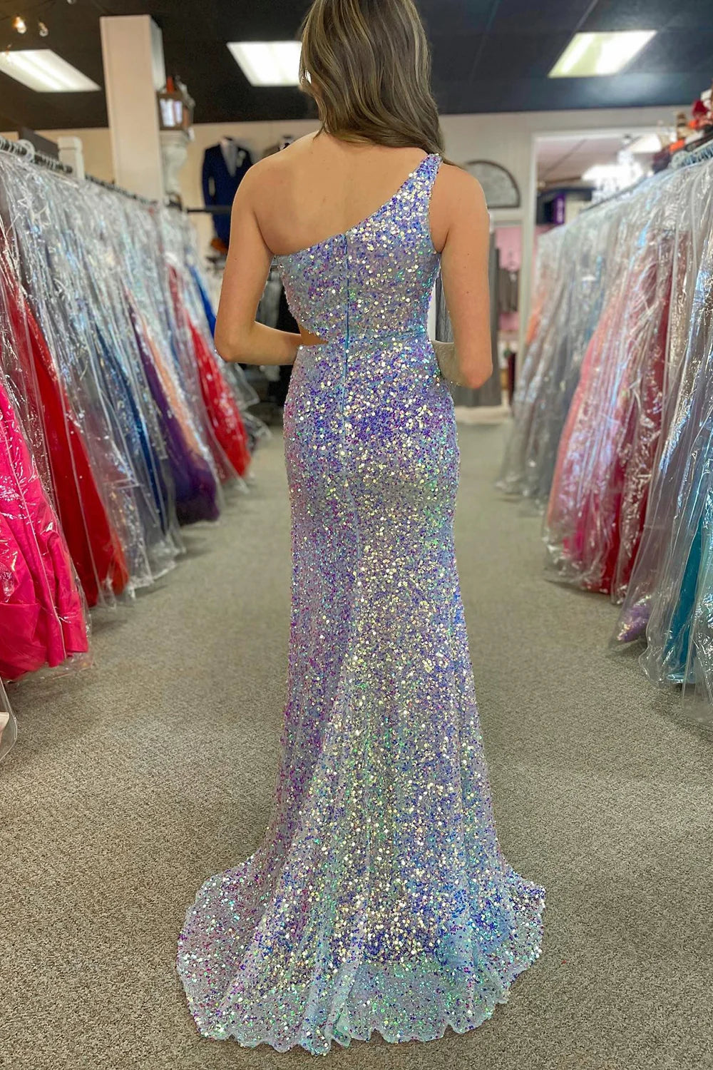 Sleek Glittering Sparkle Mermaid One Shoulder Sequins Prom Dress With Slit