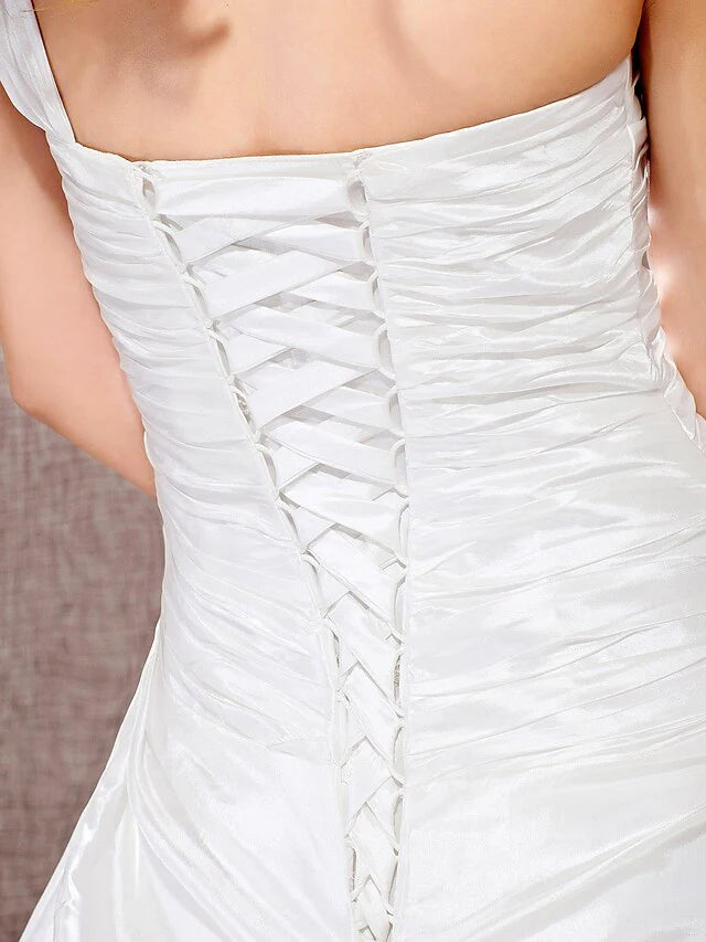 Princess A-Line Ball Gown Wedding Dresses One Shoulder Cathedral Train Taffeta Sleeveless Floor Length 