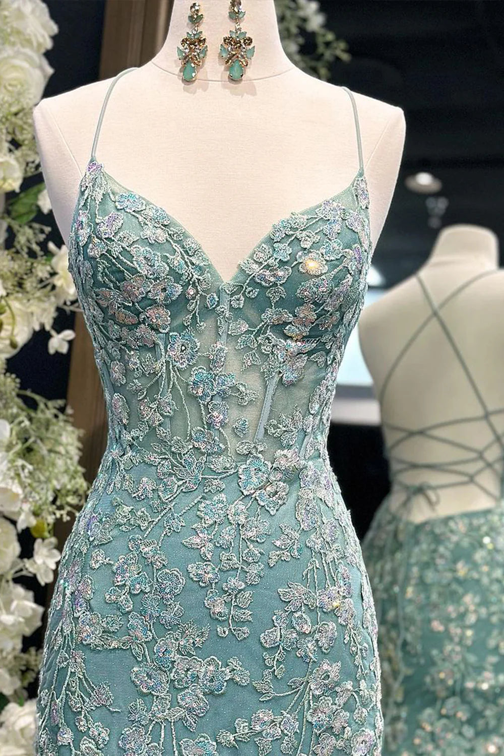 Mermaid Spaghetti Straps Sleeveless Corset Long Prom Dress With Appliques Charming Evening Party Dress