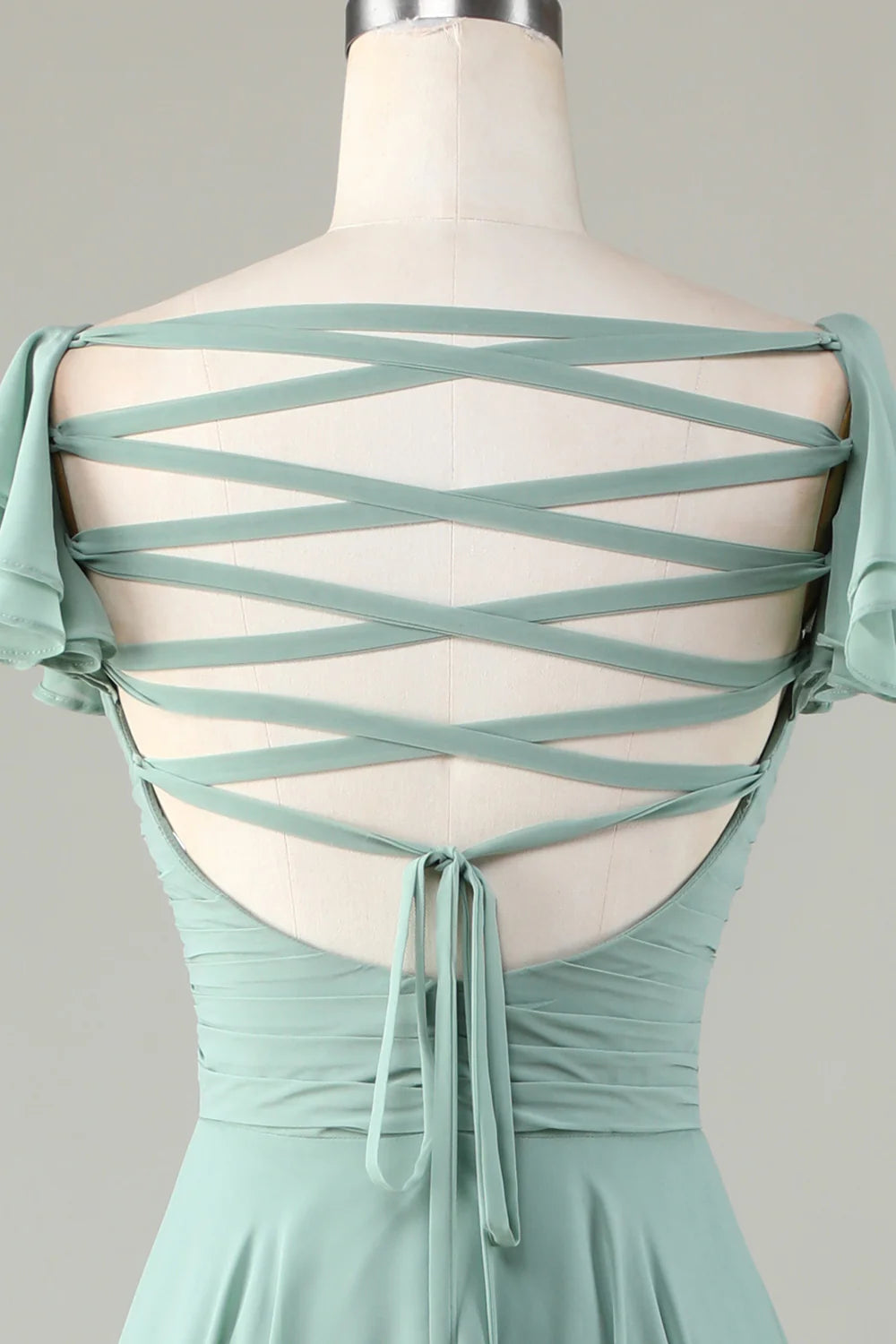 Matcha Lace-Up Back Criss Cross Bridesmaid Dress with Ruffles