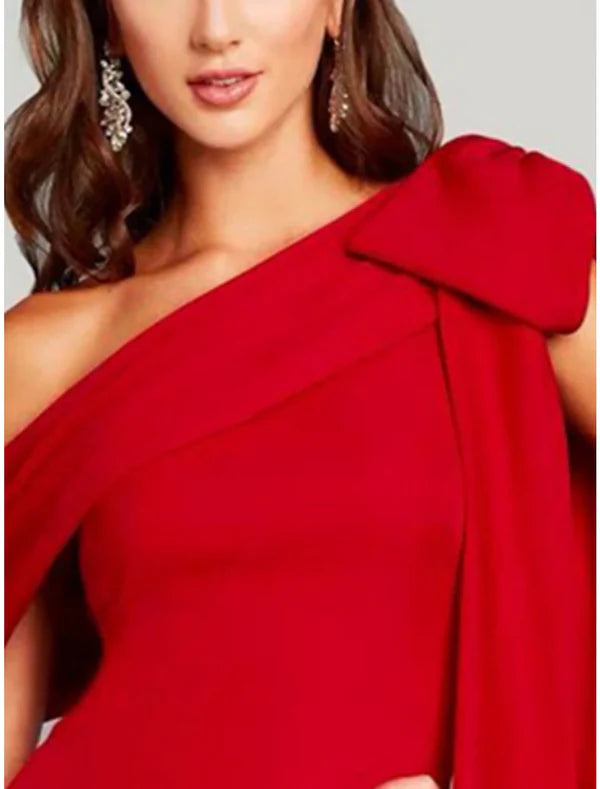 Sheath / Column Evening Gown Elegant Dress Formal Sweep / Brush Train Christmas Red Green Dress Short Sleeve One Shoulder Charmeuse with Bow(s) Pleats Slit Solid Color