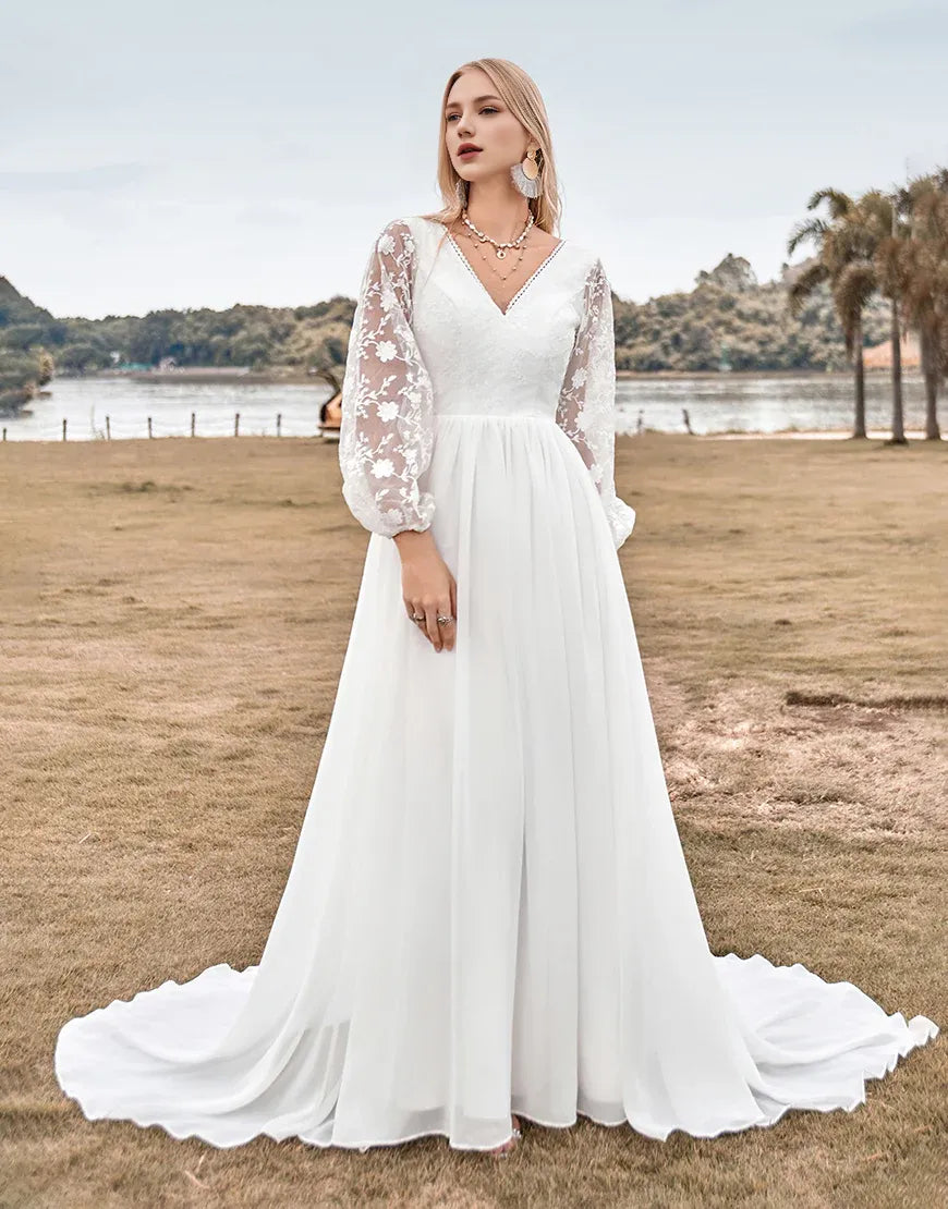 A Line Lace Long Sleeve V Neck Ivory Chiffon Sweep Train Boho Wedding Dress