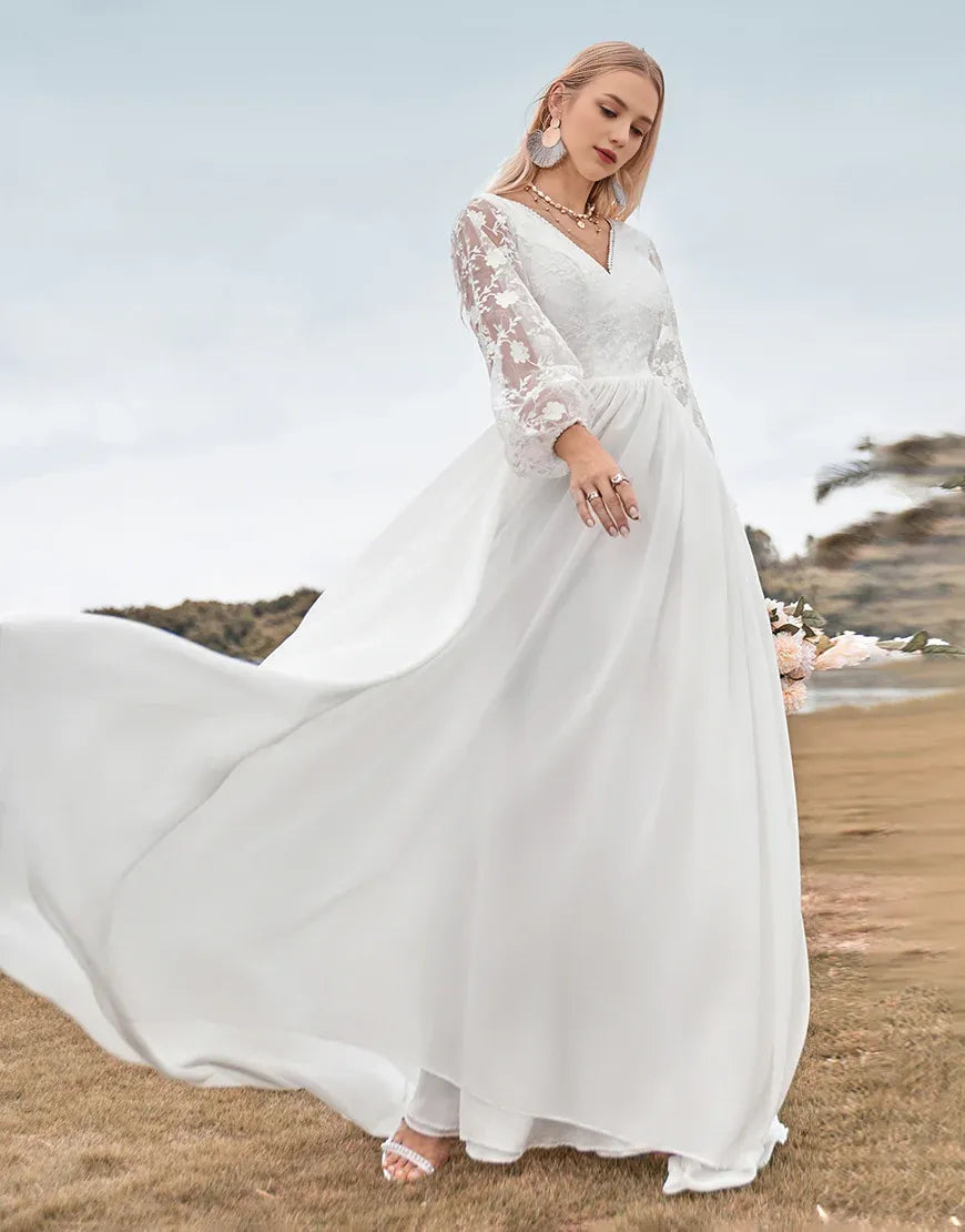 A Line Lace Long Sleeve V Neck Ivory Chiffon Sweep Train Boho Wedding Dress