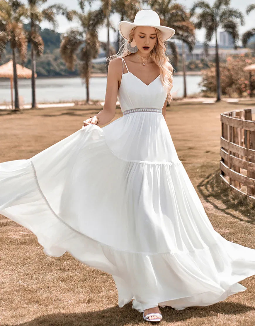 A-Line Spaghetti Straps Simple Long Beach Wedding Dress