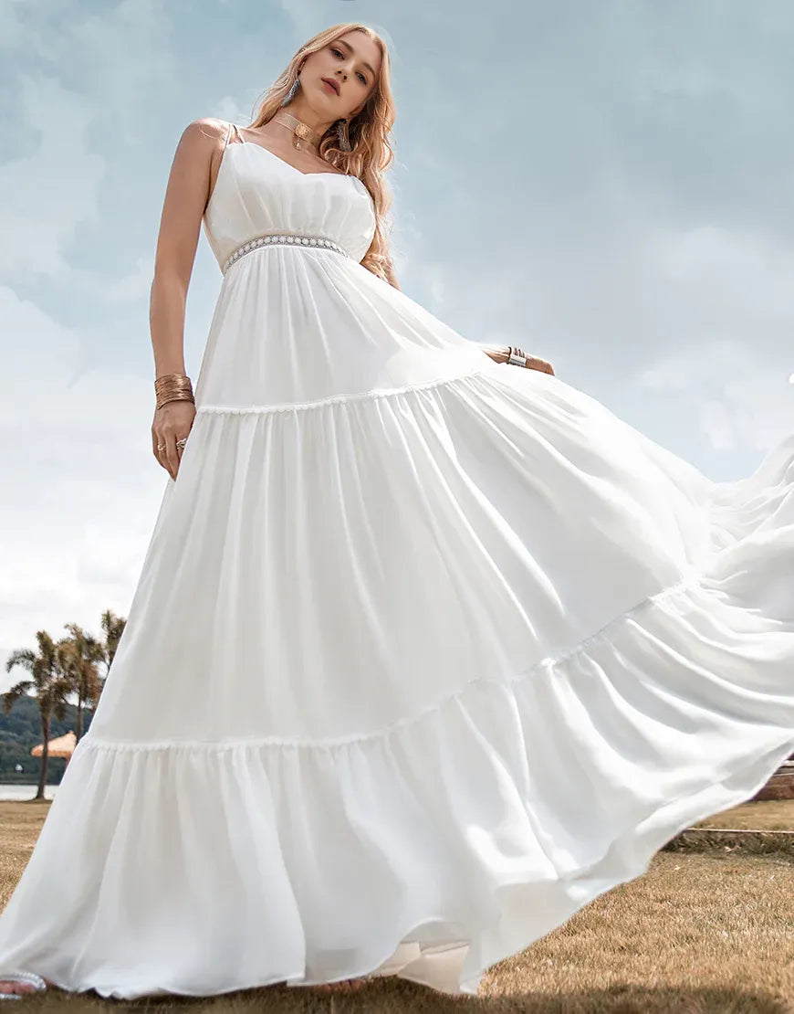 A-Line Spaghetti Straps Simple Long Beach Wedding Dress