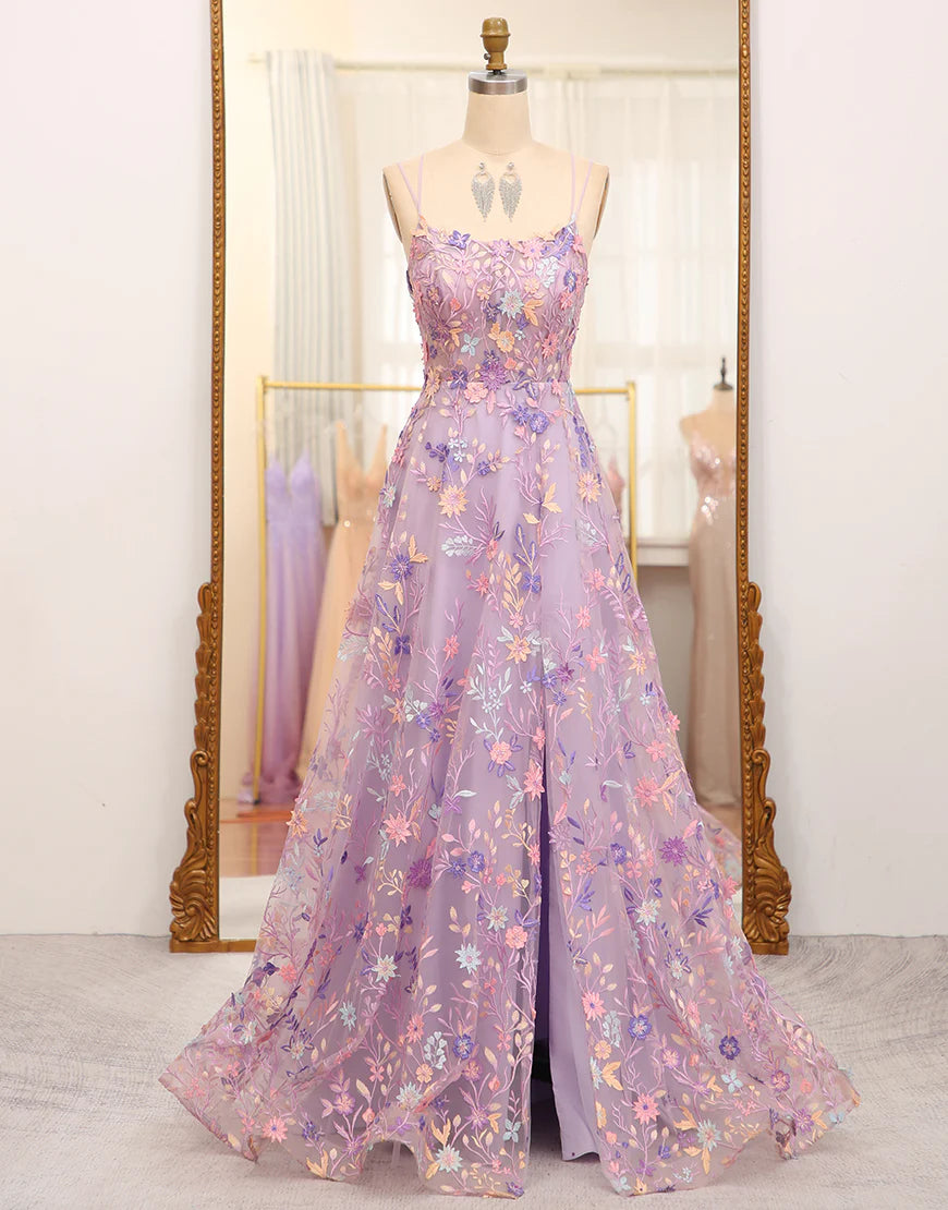 A Line Slit Spaghetti Straps Long Prom Dress With Appliques