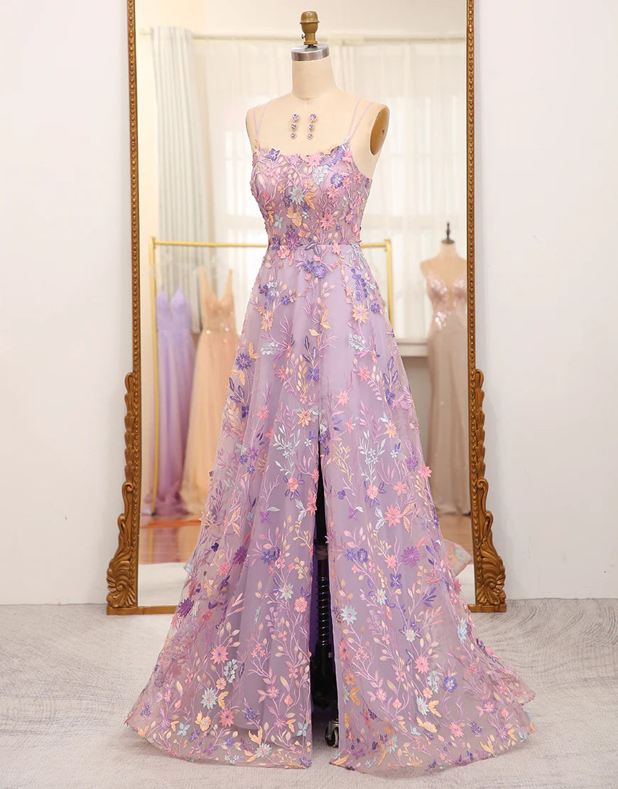 A Line Slit Spaghetti Straps Long Prom Dress With Appliques