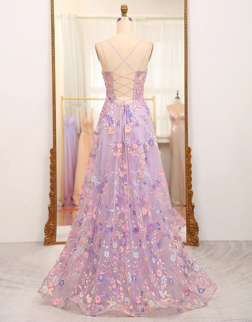 A Line Slit Spaghetti Straps Long Prom Dress With Appliques