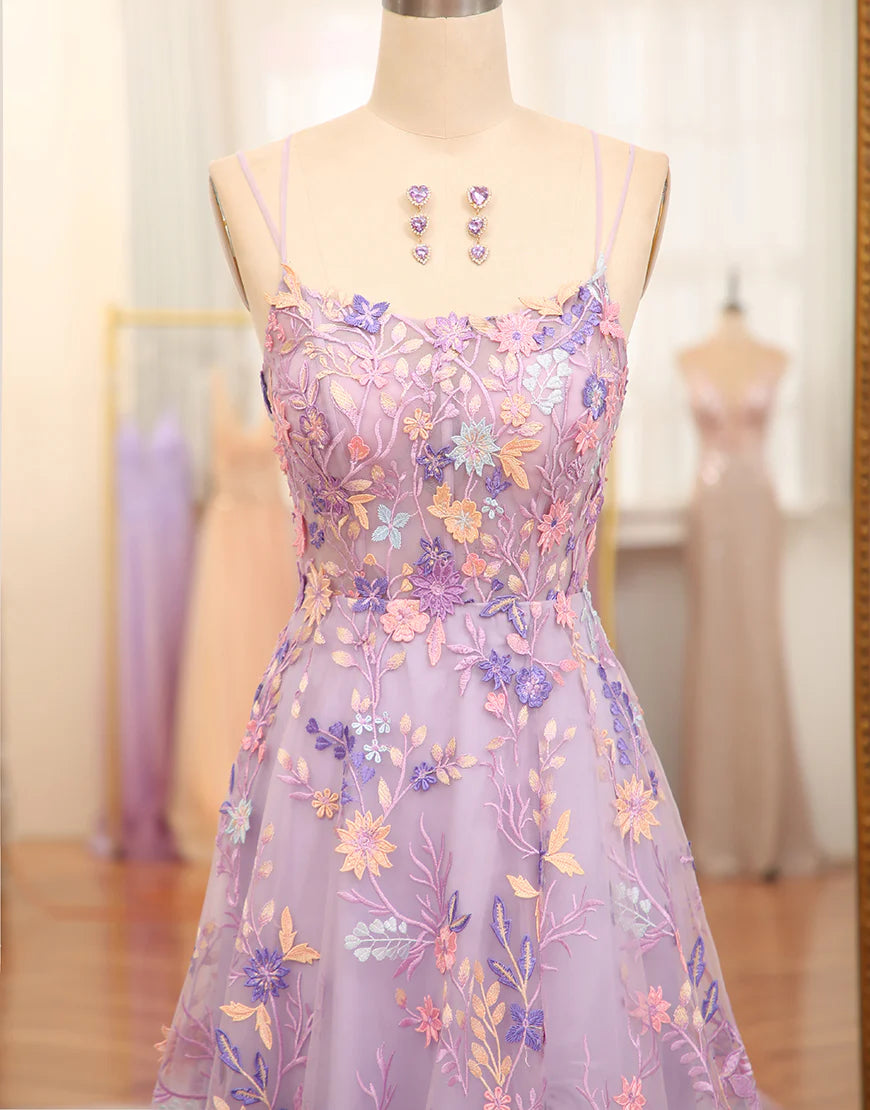 A Line Slit Spaghetti Straps Long Prom Dress With Appliques