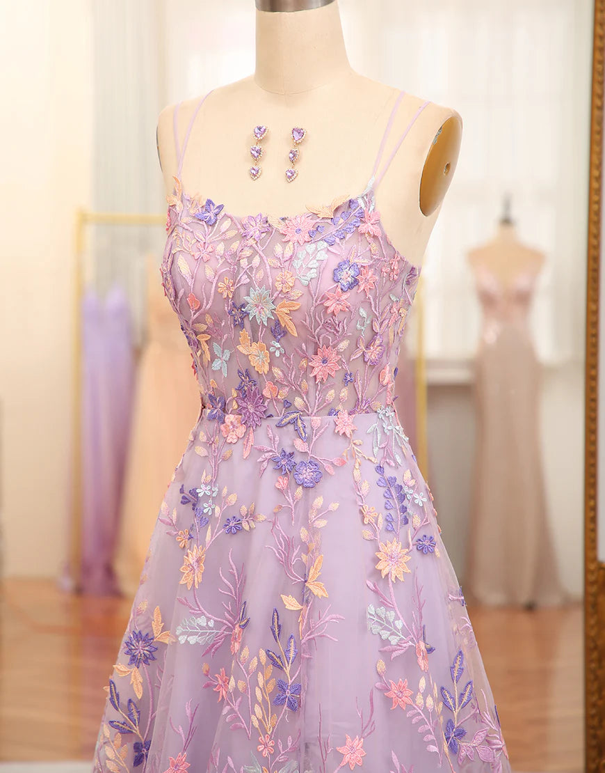 A Line Slit Spaghetti Straps Long Prom Dress With Appliques