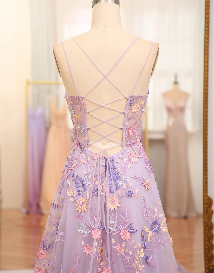 A Line Slit Spaghetti Straps Long Prom Dress With Appliques