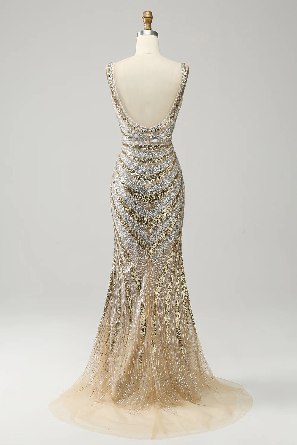 Mermaid Sleek Glitter Sparking Sequins Low V Neck Long Prom Dress with Silt