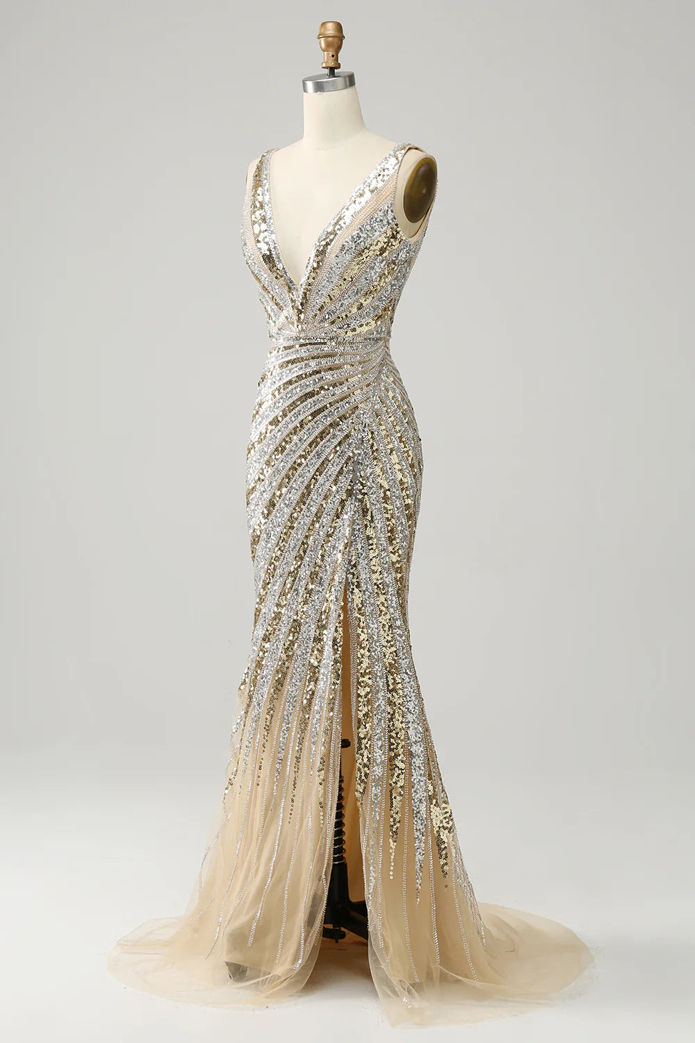 Mermaid Sleek Glitter Sparking Sequins Low V Neck Long Prom Dress with Silt