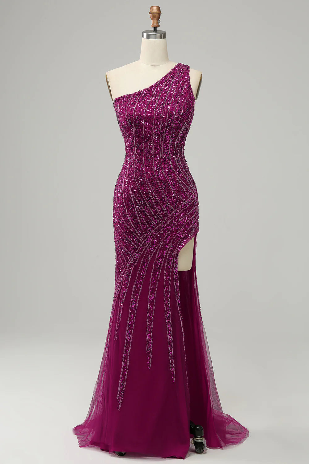 Sheath Sleek Glitter Sparking Sequins One Shoulder Long Prom Dress with Slit