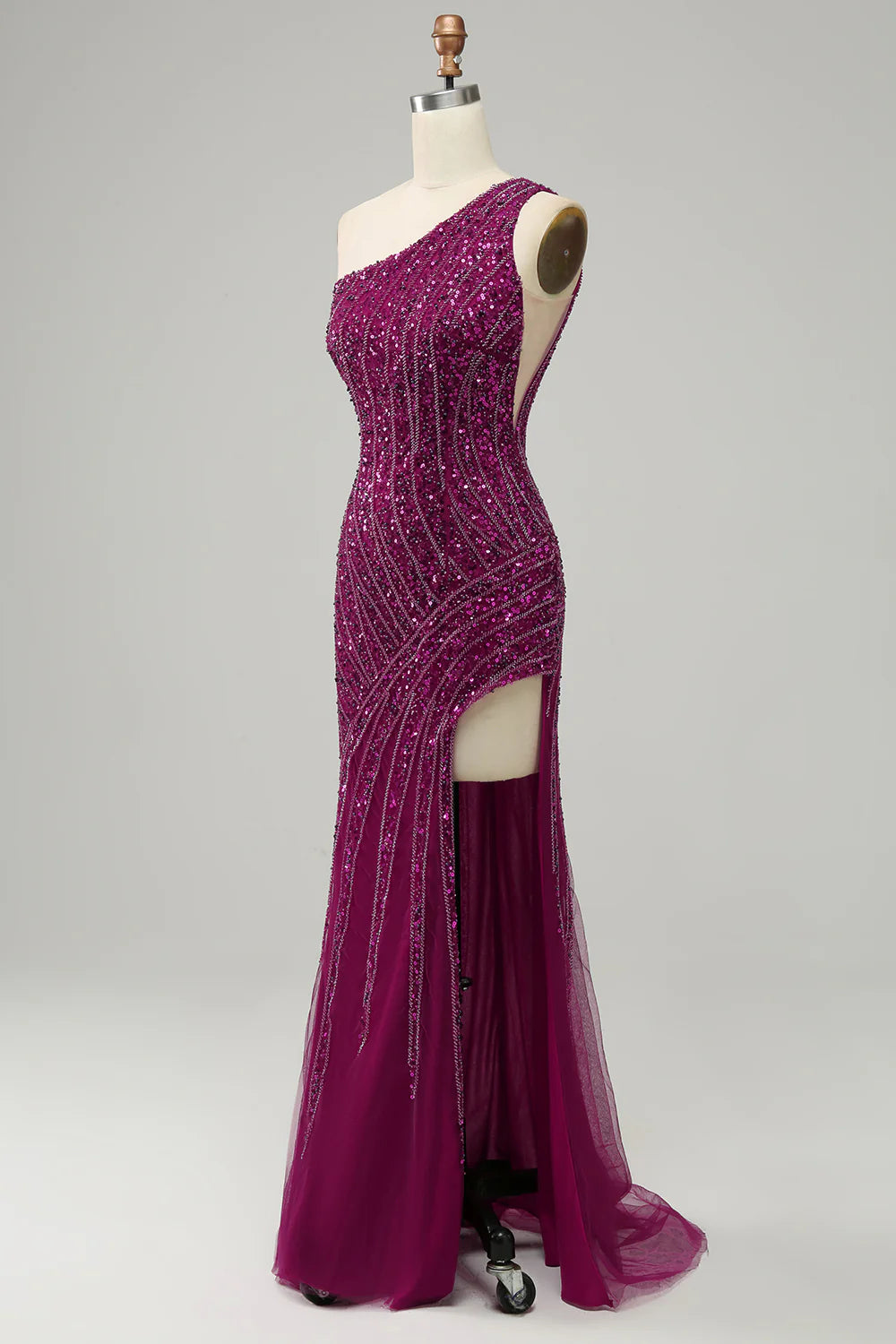 Sheath Sleek Glitter Sparking Sequins One Shoulder Long Prom Dress with Slit