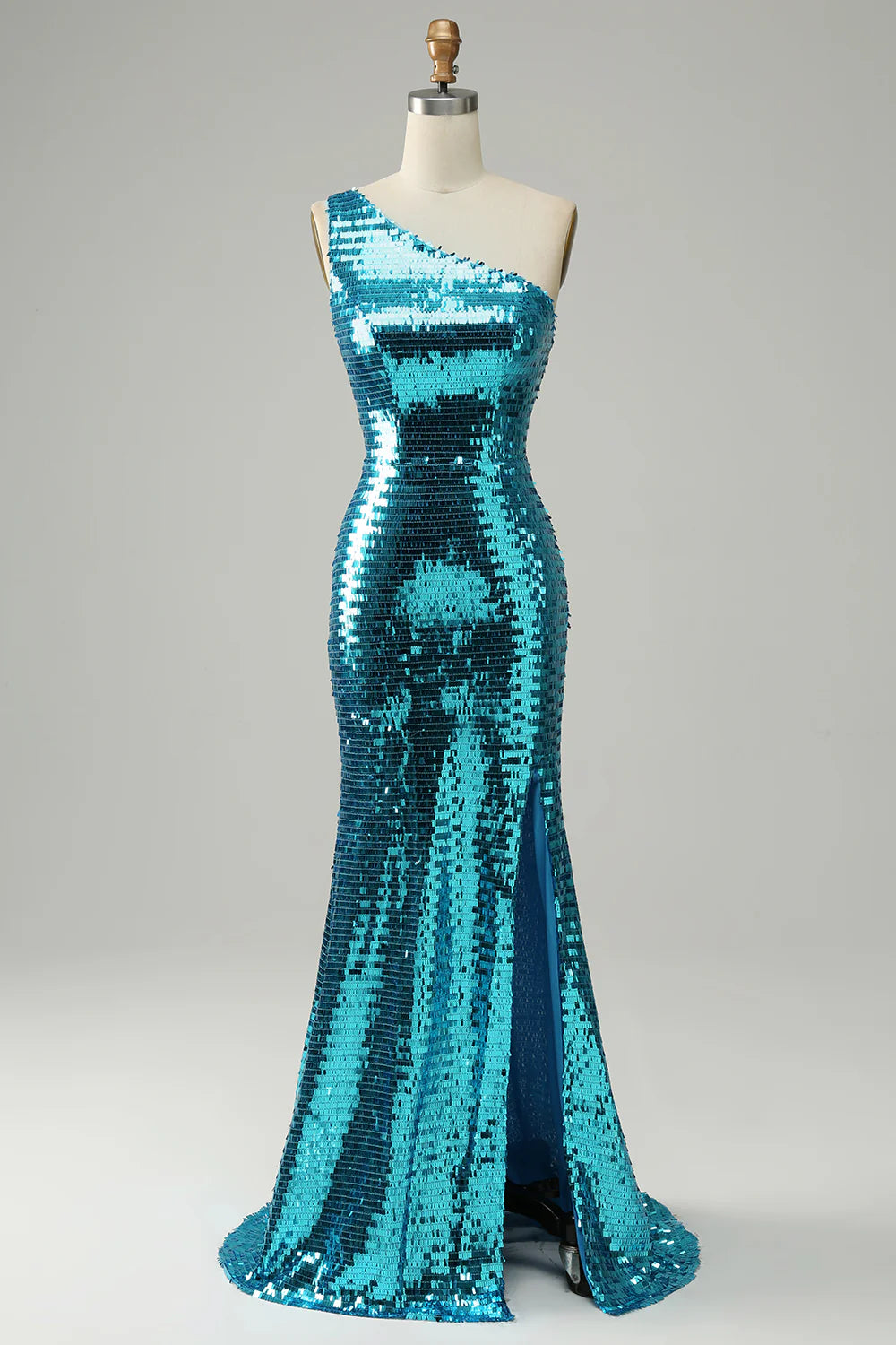 Sheath Sleek Glitter Sparking Sequins One Shoulder Long Prom Dress with Slit